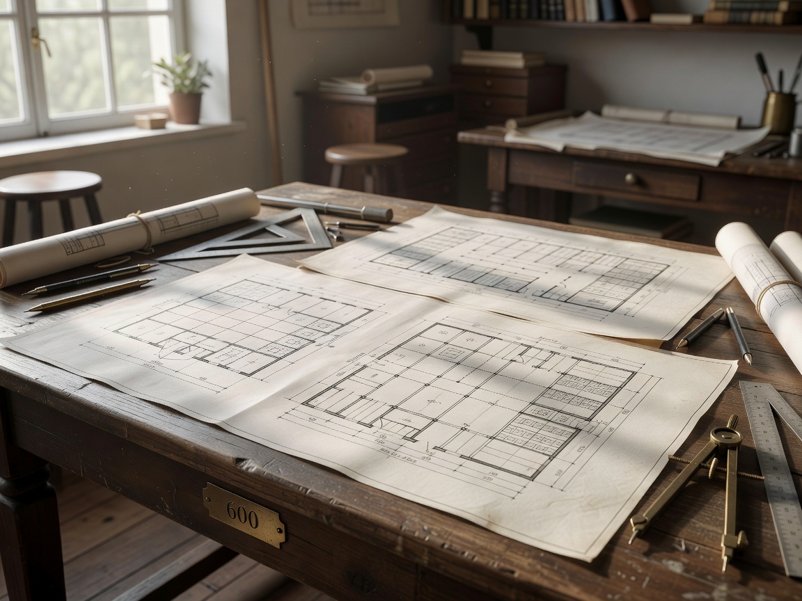 Architectural warehouse floorplan sketches on an atelier desk