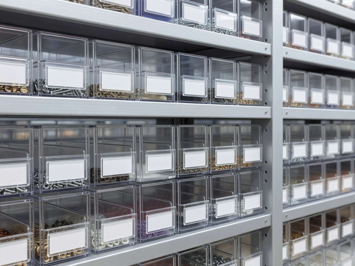 Close-up of organized shelving with clear bin labeling systems