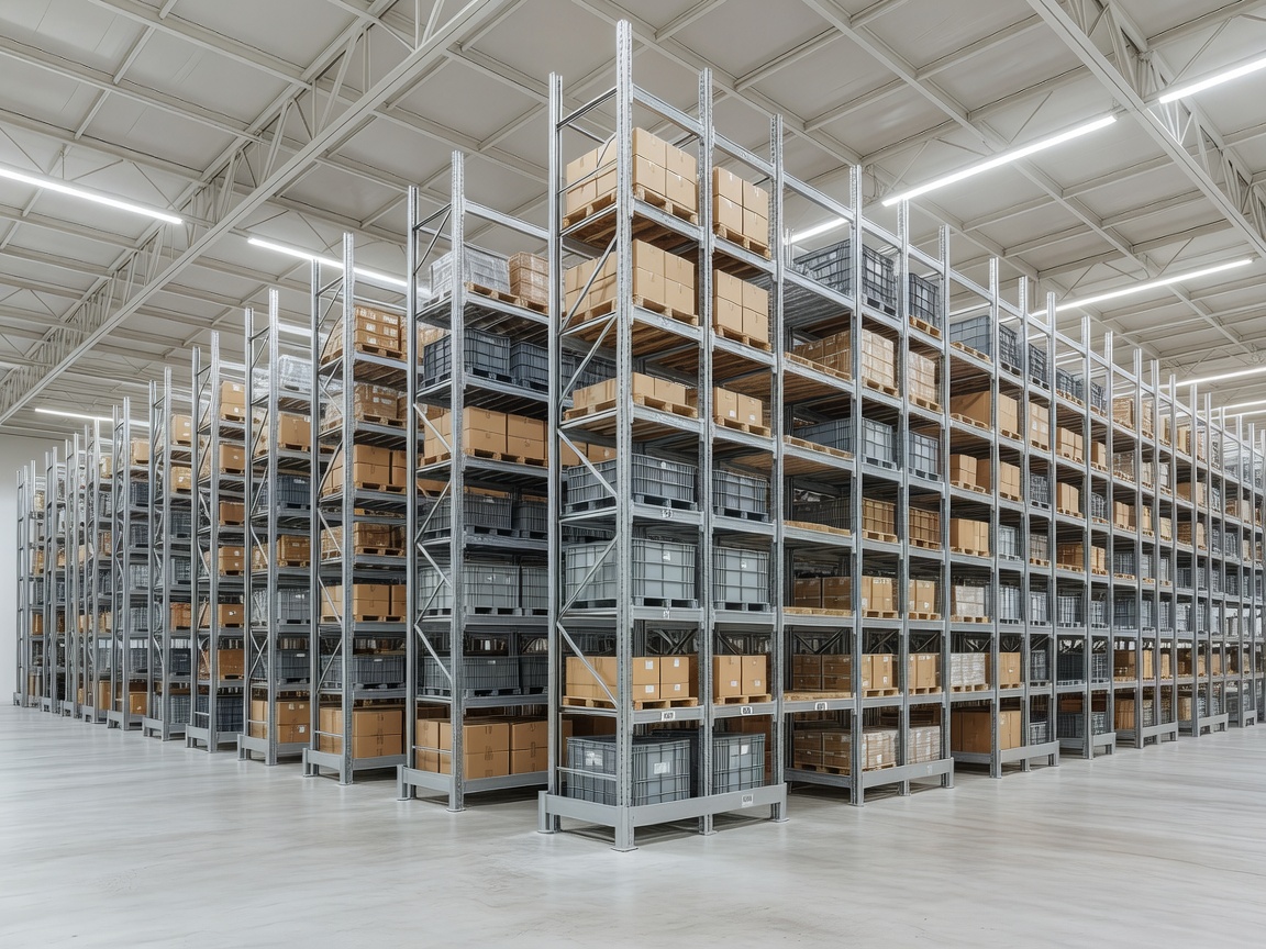High ceiling clean architectural modular warehouse with organized metal racks