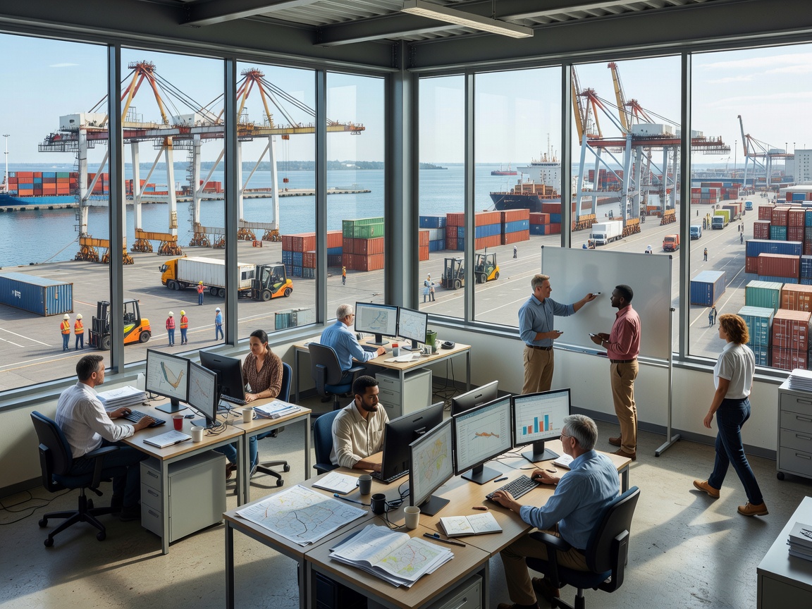 Logistics coordination office overlooking European transport docks