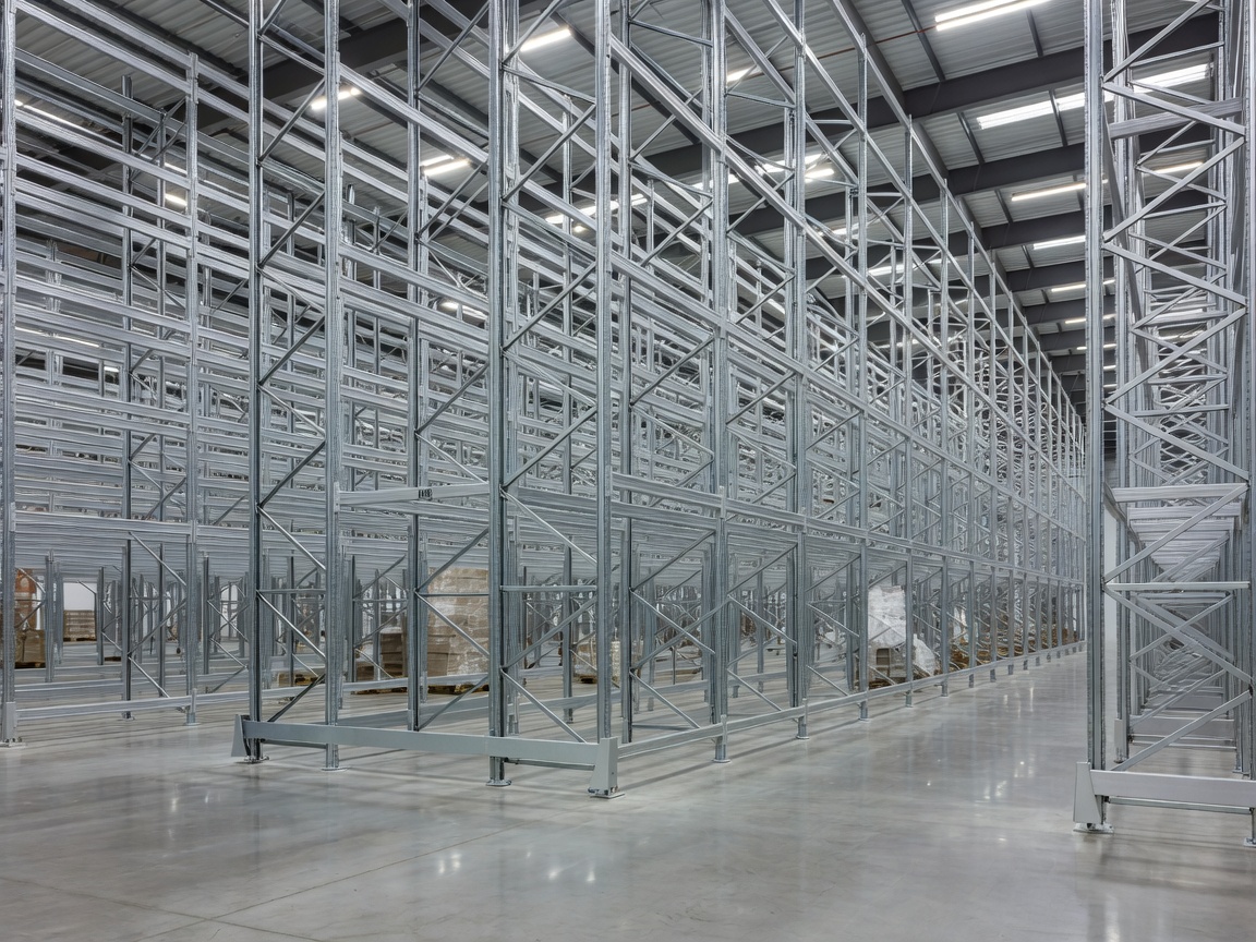 Modern warehouse interior with clean concrete floors and steel racking system