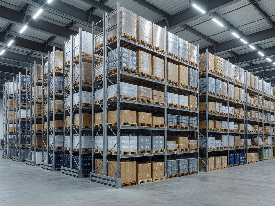 Orderly pallet shelving with steel frames inside modern depot