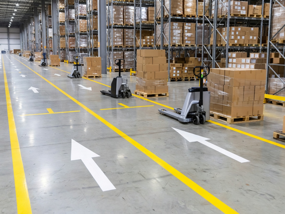 Spacious warehouse aisle with pallet trucks and clear lane markings