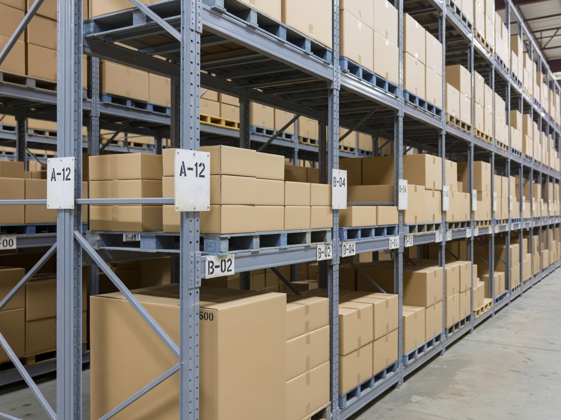 Steel storage rack bays with clear alphanumeric tags and storage boxes