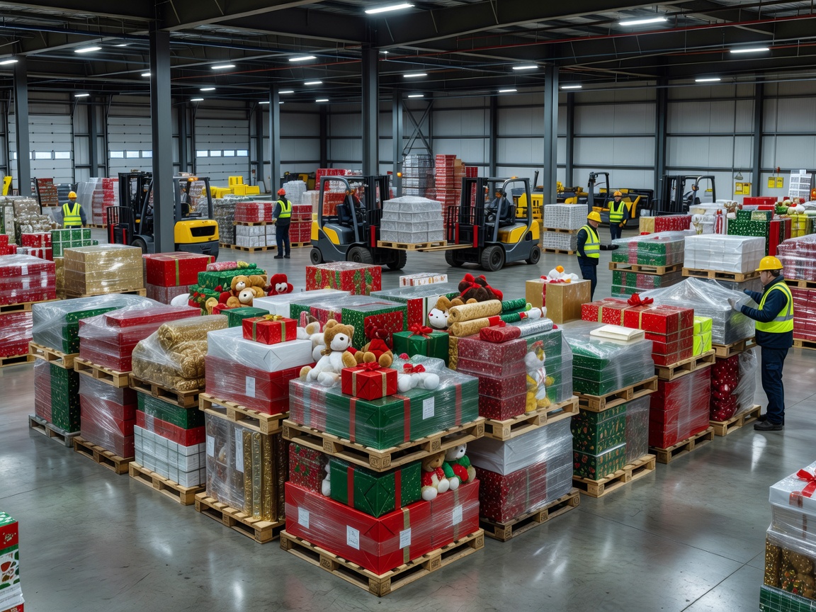 Warehouse staging zone loaded with holiday inventory pallets ready for dispatch