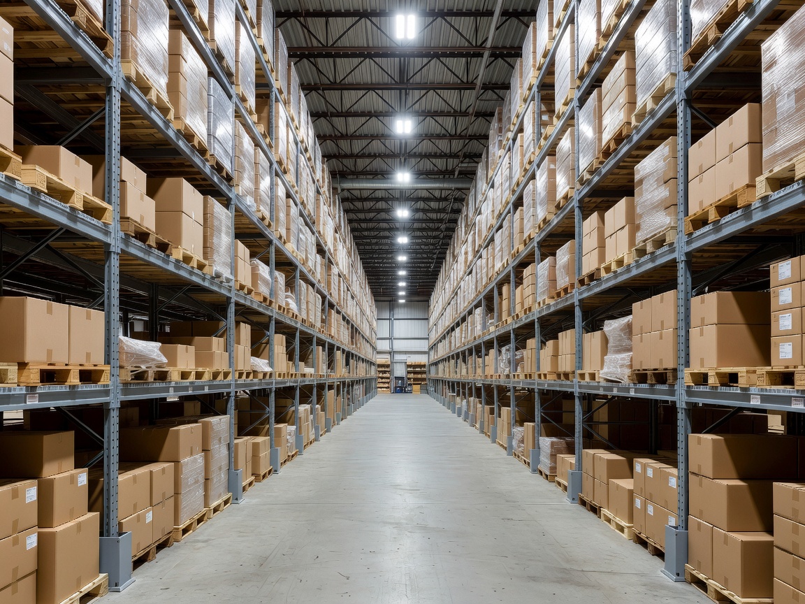 Well-lit warehouse alley with organized high-density shelving units